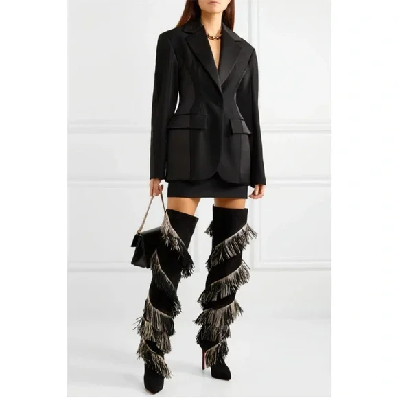 Christian Louboutin Bolcheva Black and Gold Fringe thigh high Boots 40EU/(9) NEW - Picture 7 of 11